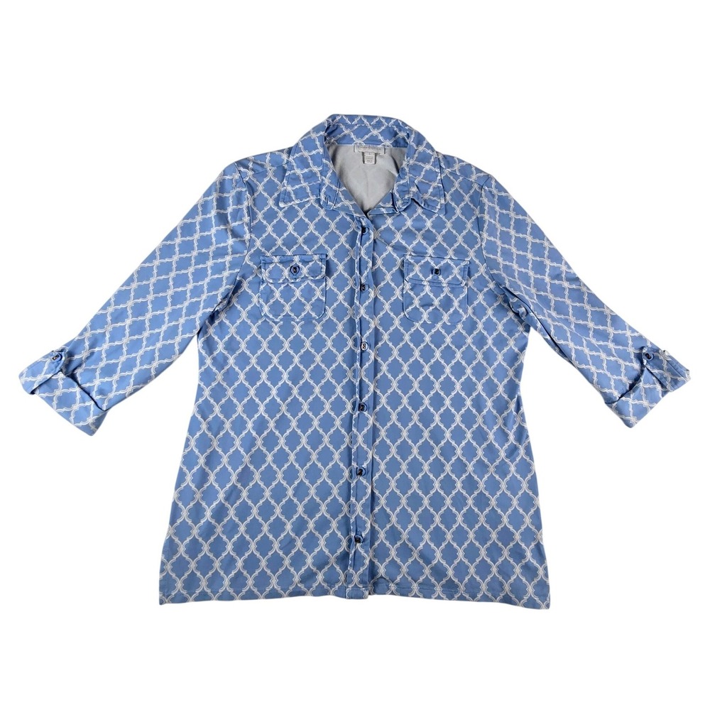 Charter Club Geometric Trellis Button Down Shirt Women‎ L Blue Roll Tab Sleeve